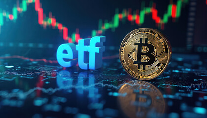 Bitcoin ETF displayed with cryptocurrency symbol and market data chart. Investment concept in digital finance future. Modern financial strategy for new investor.