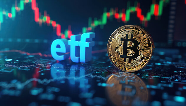 Bitcoin ETF displayed with cryptocurrency symbol and market data chart. Investment concept in digital finance future. Modern financial strategy for new investor.