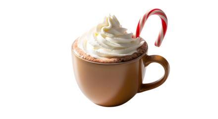 Hot Chocolate with Whipped Cream and Candy Cane, isolated on transparent background
