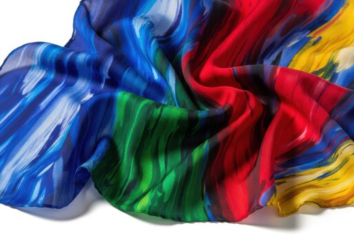 Flowing colorful textile displays abstract brushstroke pattern against a white backdrop