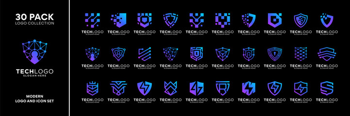 Set of shield security tech logo design inspiration. Abstract shape with gradient blue purple logo. Geometric logo icon vector isolated on white background.