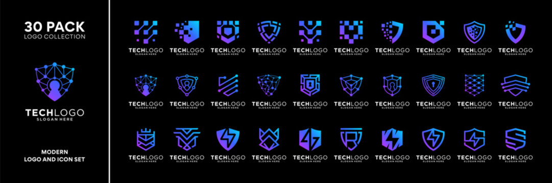 Set of shield security tech logo design inspiration. Abstract shape with gradient blue purple logo. Geometric logo icon vector isolated on white background.