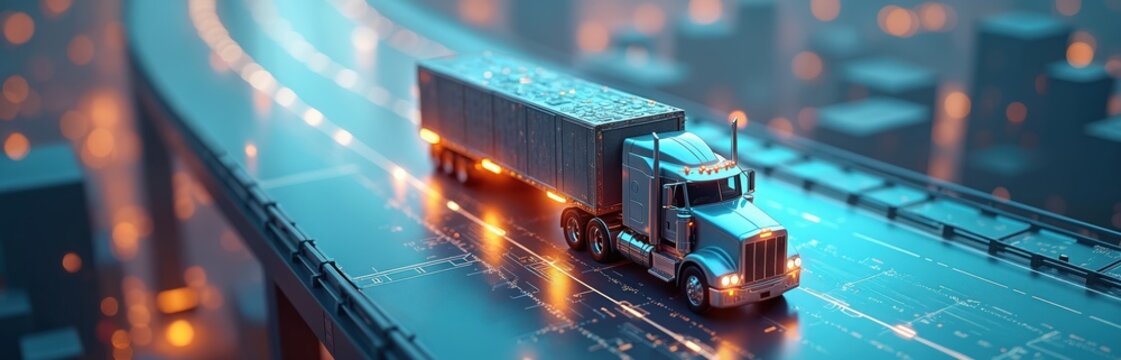 Truck drives on tech bridge with bright orange lights. Cargo delivery truck travels on digital road with city background. Modern logistic business distributes manufactured goods efficiently in real