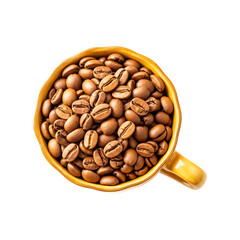 Fototapeta premium Overhead view of roasted coffee beans in a mug isolated on transparent background