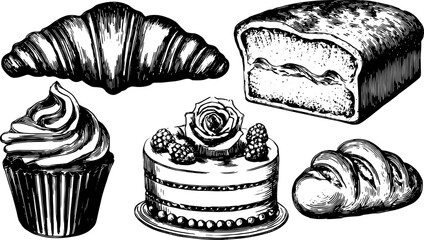 Bakery items including cupcakes, croissants, and cakes in vintage style. Hand-drawn vector illustration set showcasing desserts.