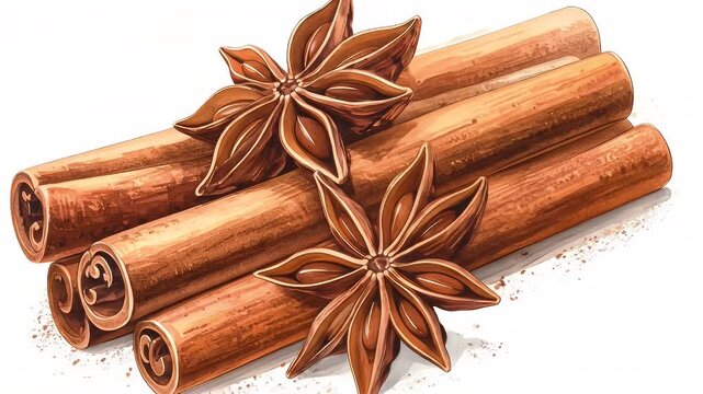Cinnamon Sticks and Star Anise Watercolor Illustration for Holiday Season Decor