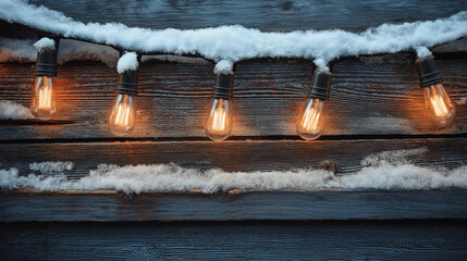 Cozy winter glow: String lights covered in fresh snow on wood.