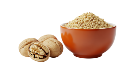 Bowl of chopped walnuts and whole walnuts isolated on transparent background