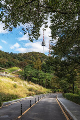 Road in Namsan Park with N Seoul Tower