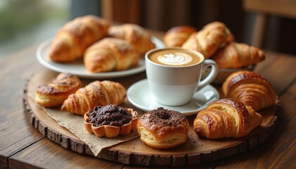 Freshly baked croissants, sweet chocolate tart, donut, various golden brown pastries served on rustic wood board. Hot cappuccino coffee with elegant latte art creates cozy inviting morning breakfast