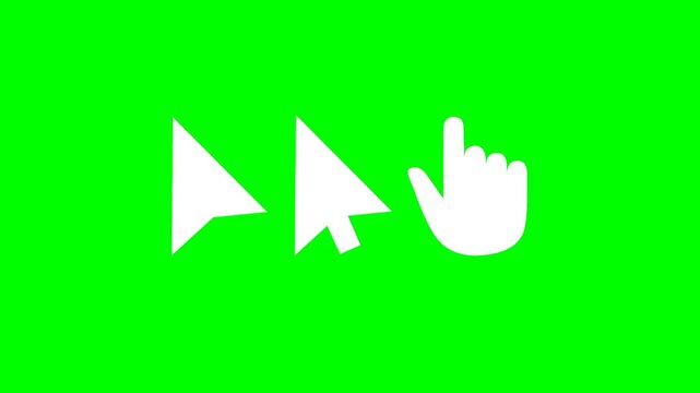 Cursor clicking animation on a green screen background. Three types of moving cursors clicking. Technology animation for video or business.