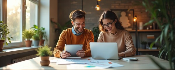 Happy young couple works on laptop and tablet. They collaborate on startup project at modern office desk. Business partners review charts and papers near window with plants.