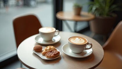 Two cups of coffee with latte art and pastries sit on a minimalist table in a modern cafe. A cozy setting for a relaxed chat or a casual meeting.