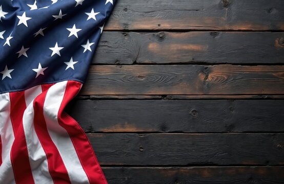 American flag drapes on dark rustic wood background. Creates patriotic mood for national holidays, remembrance days. Ample copy space on timber surface provided. Perfect for design mockups digital
