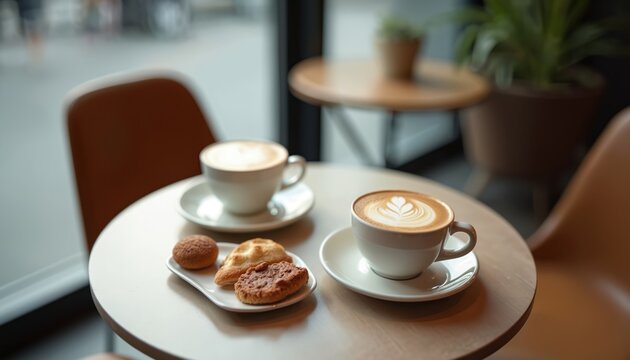 Two cups of coffee with latte art and pastries sit on a minimalist table in a modern cafe. A cozy setting for a relaxed chat or a casual meeting.