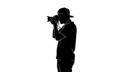 Silhouette of a photographer wearing a cap and holding a camera to take a picture.