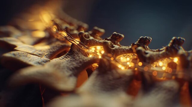 Close-up of tiny fireflies illuminating a textured tree bark at night creating a magical and enchanting atmosphere