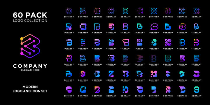 Mega logo collection with initial letter B logo design. Modern minimal logo icon vector isolated on black background.