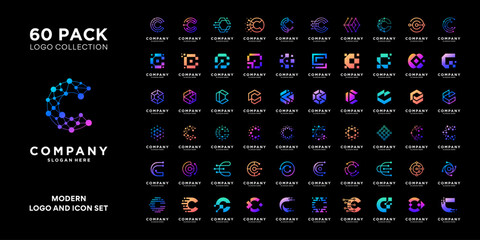Mega logo collection with initial letter C logo design. Modern minimal logo icon vector isolated on black background.