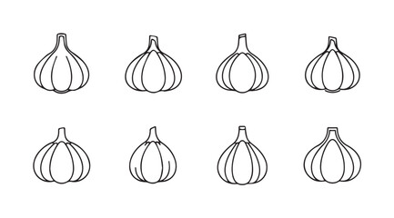 Eight hand drawn outline illustrations of garlic cloves silhouette