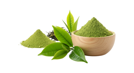 Green tea powder in wooden bowl with fresh leaves isolated on transparent background