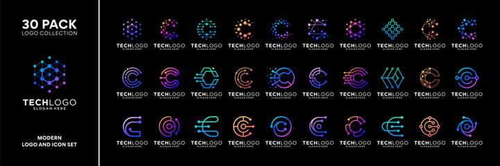 Set of letter B tech logo with circuit wire data connection. Geometric abstract logo design icon vector isolated on black background. © suneo_99