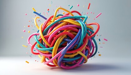 Bright colorful tangled wires form complex ball shape. Many small vibrant tubes, dots scatter around messy knot. Abstract visual represents chaos, confusion, connection, playful energetic feelings