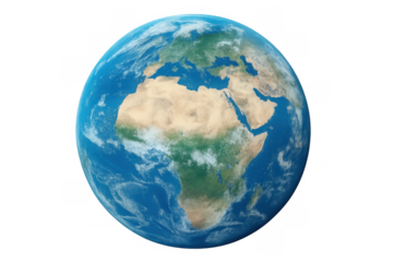 Planet earth spinning, highlighting continents of africa, europe, and the middle east against a transparent background