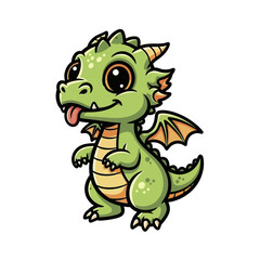 Cute little baby green dragon cartoon character standing.