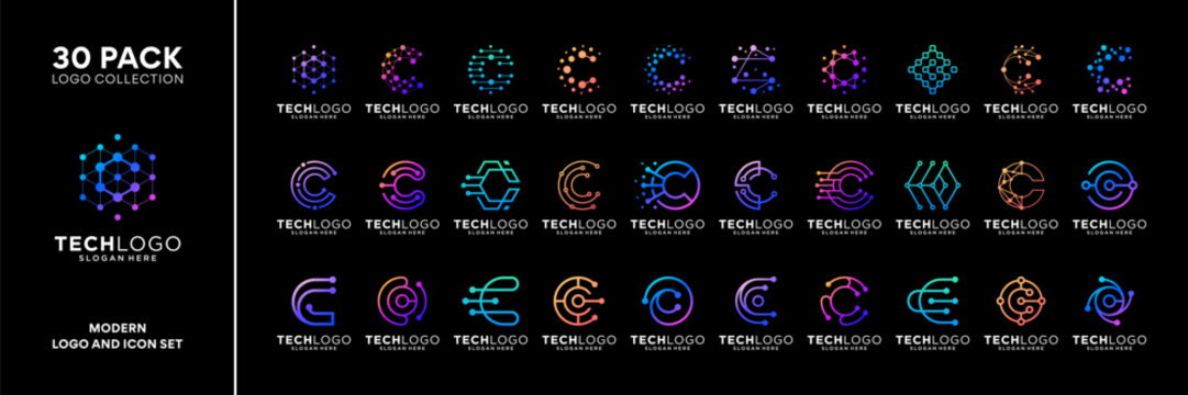 Set of letter B tech logo with circuit wire data connection. Geometric abstract logo design icon vector isolated on black background.