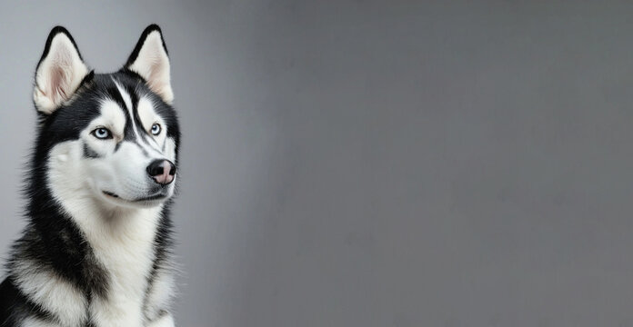 Portrait of a Siberian husky dog with blue eyes and black and white fur against gray background in studio lighting Generative AI - Powered by Adobe