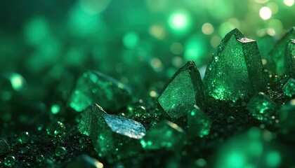 Close-up of raw emerald crystals in dark soil with soft green bokeh lights. Gemstone formations gleam under light. Natural texture and abstract depth.