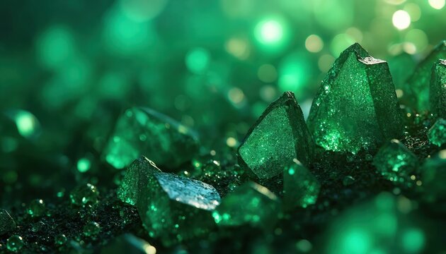 Close-up of raw emerald crystals in dark soil with soft green bokeh lights. Gemstone formations gleam under light. Natural texture and abstract depth.