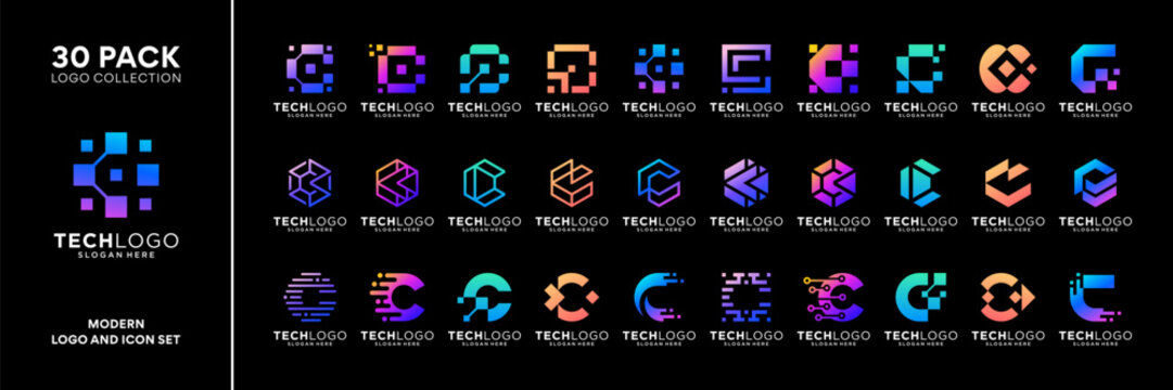 Set of initial letter C technology logo design inspiration. Geometric abstract logo icon vector isolated on black background.