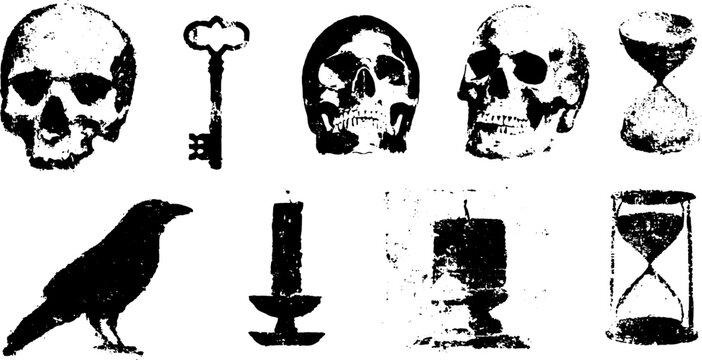 Skull, crow, and hourglass in black vector illustration. Vintage design features simple silhouettes and dark themes in a cohesive set.