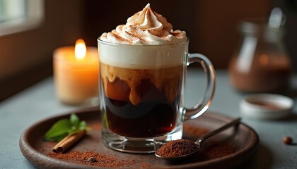 Glass mug with Irish coffee, whipped cream, and cinnamon dust. A lit candle and cinnamon stick nearby create a cozy ambiance. Spoon with coffee grounds rests on tray.