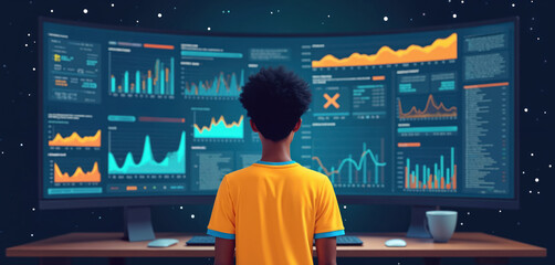Person in yellow shirt studies complex data charts on large curved monitor. Man reviews financial graphs, statistics, analyzing business performance, market trends. He works with digital information.