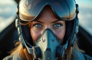 Female pilot wears helmet mask inside aircraft cockpit. Woman with blue eyes in fighter jet is ready for flight. Military aviation concept. Air force person ready to defend.