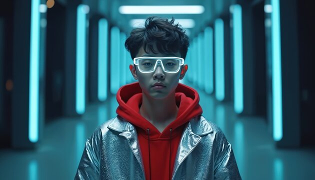 Young person in glowing glasses stands in neon hall. Wear silver jacket, red hoodie. Future tech fashion style. Cyberpunk youth. Digital generation. Sci-fi portrait. Metaverse concept, virtual
