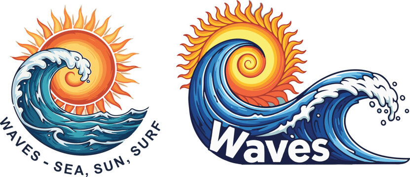 Stylized Ocean Wave and Swirling Sun Vector Logos