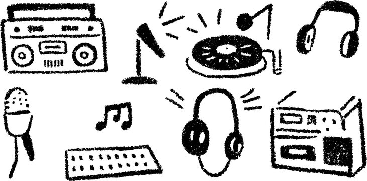 Music audio equipment set. Flat monochrome vector illustration featuring headphones, microphone, vinyl record, and boombox elements. - Powered by Adobe