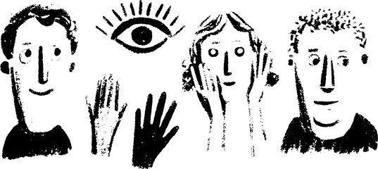 Silhouette characters in hand-drawn style. Black and white outline illustration of expressions and hand gestures in a vector set.