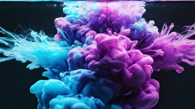 Colors in Motion: Vivid blue and purple ink clouds, abstract shapes merging and swirling together in an eye-catching display, set against a dark backdrop.
