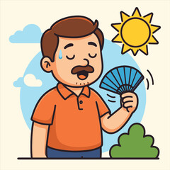 Cartoon Man Sweating Profusely Fanning Himself Under a Blazing Sun.