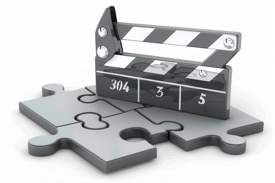 Movie Clapper Board atop Puzzle Pieces Film Making Creativity Puzzle on transparent background