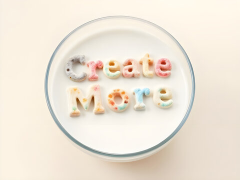 A clear glass bowl filled with milk, featuring the colorful phrase Create More spelled out using vibrant alphabet cereal letters floating on the surface