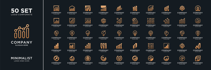 Mega logo collection. Financial growth with diagram chart bar logo design inspiration. Geometric abstract logo icon vector isolated on black background.