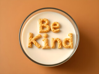 A glass of milk, viewed from above, features the encouraging message Be Kind spelled out with alphabet cereal floating on its surface