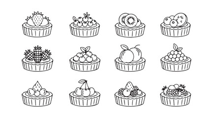 Collection of twelve hand drawn decorative cakes in silhouette style