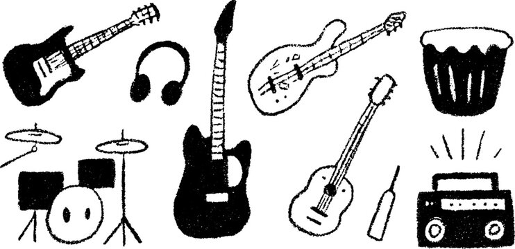 Set of musical instruments including guitars, drums, and a radio. Black vector illustration with a simple design style.